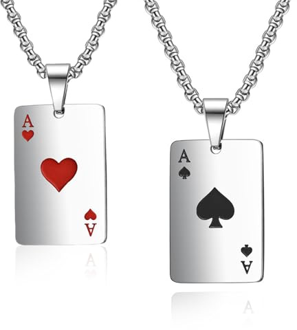 2 Stück Necklace Men Edelstahl Silber Kette Männer Chain Halskette Herren Kette Schmuck Schmuck Stilvolle Accessoires für Hip Hop Rock Gothic Punk Straße Antisepsis Antioxidans (Herz Ass,Pik Ass)