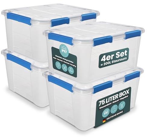 Kreher® Aufbewahrungsbox 75 Liter mit Deckel – wasserdicht & staubdicht, transparent & stapelbar, BPA- & schadstofffrei, robuste Kunststoffbox mit Silikondichtung & 6 Clips (4)