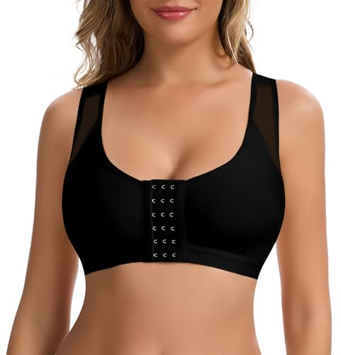 Joyshaper Womens Front Open Bras Wireless Post Op Compression Bra Wide Strap Sports Bra Full Coverage Brassiere Bralette Tank Top, Black, L