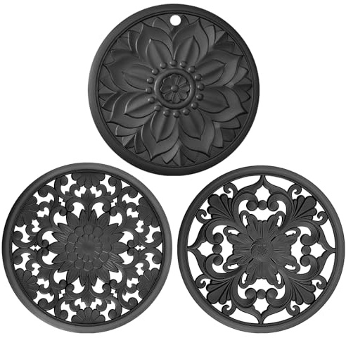 BAIWANT Silicone Trivet Mat Set of 3 Heat Resistant Black Pot Holders for Non-Slip Hot Pans Thick Creative Shapes for Dining Table Kitchen Countertops Tablecloth Protection (Black)