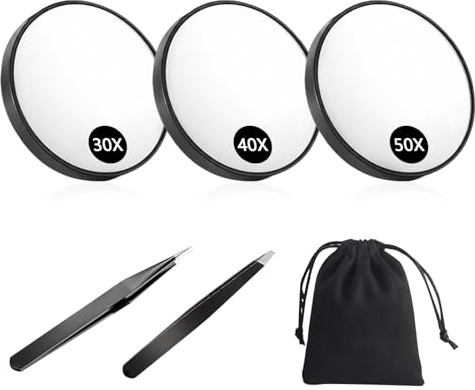 Uvwxba 30X/40X/50X Magnifying Makeup Mirror Set with Suction Cup & Slant Flat Tweezers, Compact Travel Grooming Kit for Precision Eyebrow Plucking, Skincare & Blackhead Removal, for Women
