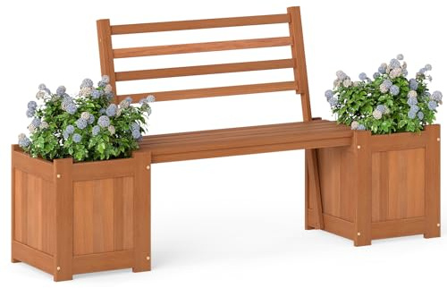 COSTWAY Fioriera da Esterno in Legno con Panca, Panchina da Giardino con 2 Fioriere, Schienale, Base Aperta e Finitura ad Olio di Teak, Contenitore Decorativo per Piante da Cortile e Balcone