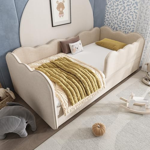 Ball & Cast Single Beige Upholstered Bed with Pull Out Bed, 3ft Single Trundle Day Bed, with Unique Cloud Shape, Slatted Frame, for Adults Children, Linen/90x190cm(No Mattress)