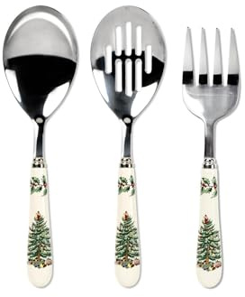 Spode Christmas Tree 3-Piece Stainless Steel Cutlery Set - Porcelain Handle Flatware with Meat Fork, Serving Spoon, & Slotted Spoon - Holiday Silverware for Christmas Dinners & Seasonal Gatherings