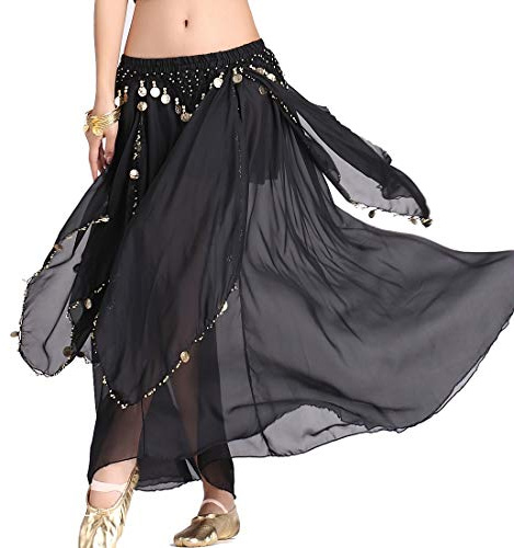ZLTdream Women's Belly Dance Chiffon Skirt With Coins Black, One Size