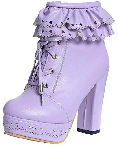 MISSUIT Damen Blockabsatz Plateau High Heels Stiefeletten mit Schnürung und Reißverschluss Ankle Boots Schuhe(Lila,44)