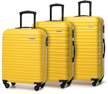 WITTCHEN Valise de Voyage Set de 3 valises Valise à roulettes Bagages à Main ABS 4 roulettes pivotantes Serrure à Combinaison Poignée télescopique Groove Line Jaune Air France/Easyjet/Ryanair