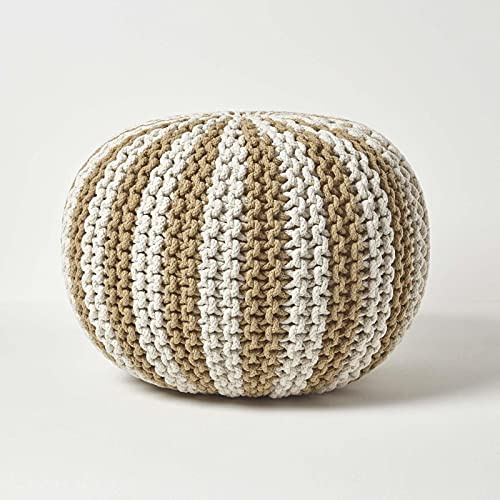 HOMESCAPES Pouf tressé Rond Beige et Blanc, Repose-Pieds, Pouf Beige en Tricot 40 x 50 cm