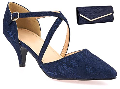 SB004 Women's Lace Mid Low Heel Pointed Toe Cross Strap Strappy Court Shoes & Matching Lace Clutch Shoulder Bag (Navy Blue, Numeric_5)