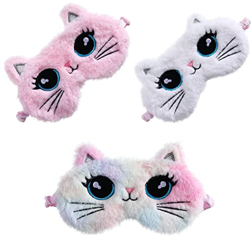 SacJkt Juego de 3 Pz Máscara del Sueño Gatito, Máscara de Ojos Antifaz para Dormir 3D Felpa Suave Linda para Dormir para Mujeres y Niñas Viajar Hogar Oficina Descansar (Rosa, Blanco, Colorido)