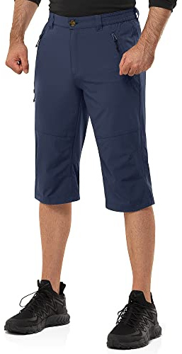 33,000ft Pantaloncini cargo da uomo a 3/4, elasticizzati, leggeri, estivi, a tre quarti, UPF 50+, con molte tasche per escursioni, corsa, ciclismo, blu navy, M