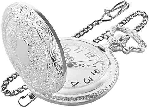 Realpoo Silvery Shield Quartz Pocket Watch - Arabic Numeral Digital Scale with Chain Clip for Men