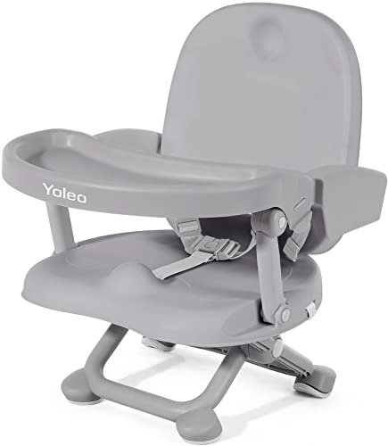 YOLEO Alzadores de Asiento para Bebé, Alzador Silla para Niños Portátil, Asiento Elevador Plegable, Altura Ajustable y Bandeja Extraíble, de 6 meses a 3 años, Gris sin cojín