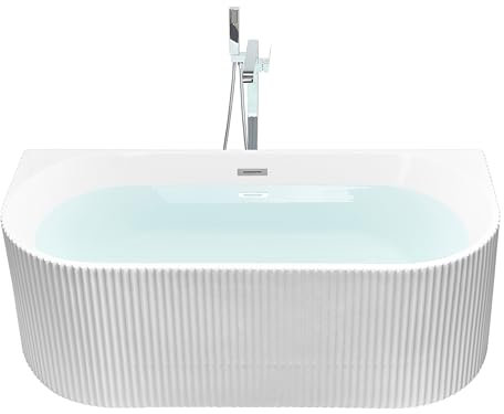 Vasca moderna da parete ovale 170 x 80 cm Acrilico finitura scanalata Bagno Bianco opaco