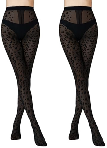 EUPSIIU 2 Pièces Collant Femme Collants Opaques Lisses Pantalon, Collant Imprimé Léopard, Opaque Collant pour Dames Filles (Noir)