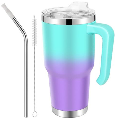 EQARD Thermobecher mit Strohhalm und Henkel Trinkbecher mit Deckel Kaffeebecher to Go Spritzfestem Deckel Rohrbürste Edelstahl Becher für Heißer Kalter Getränke BPA Frei (TealLila, 30OZ Schraubdeckel)