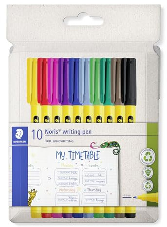 STAEDTLER Noris writing pen 307 Fineliner, Gehäuse aus 97% recyceltem Plastik gemäß ISO 14021, Kartonetui mit 10 Fineliner in sortierten Farben, 307 C10
