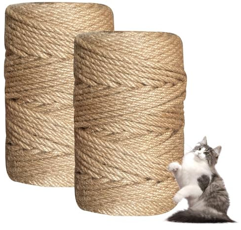 Pack of 2 60 m x 6 mm Cat Scratching Rope, Natural Sisal Rope for Repairing and Replacement of Cat Scratching Pillar, Cat Scratching Pad, Decoration, Gardening
