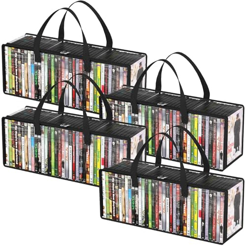 Lifewit DVD Storage Bags, Clear PVC DVD Case Holder with Handles, Front Window Zipper Design, Stackable Media Organizer for Blu Ray Disc, Movie Cases, VHS Box, Hold 140 Pcs DVDs (35 Each), 4 Pack