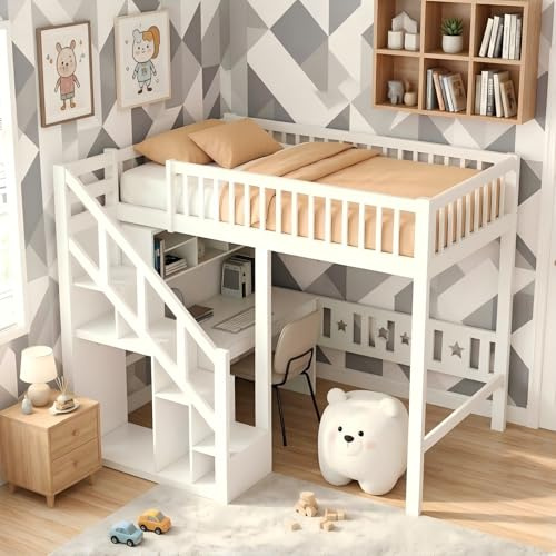 Kinderbett Etagenbett 90x200, Hochbett Hausbett mit Treppe, Staurau, Gitter und Rausfallschutz, Doppelbett Stockbett Spielbett Kinderhochbett mit Lattenrost für Mädchen Junge (Weiß, 90x200 cm)