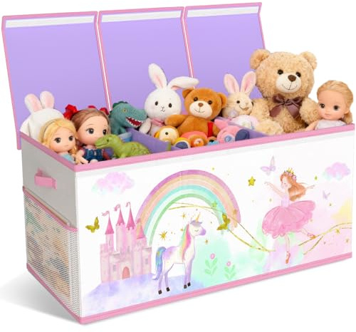 Caja de almacenamiento extragrande para juguetes con tapa, plegable, con asas, divisor, para habitación de los niños, ropa, dormitorio, plegable, color beige y morado