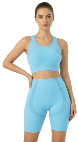UDILEO Set Palestra Donna 2 Pezzi Seamless Yoga Fitness con Top Sportivo Elasticizzato e Leggings Corti Modellanti (L/XL, BLU)