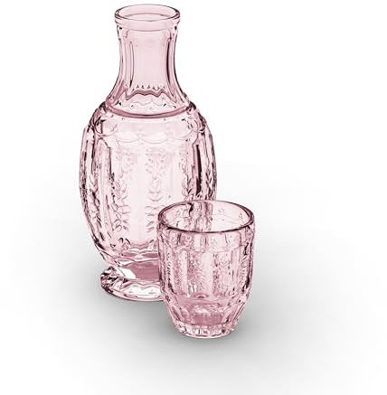 Zanzer 33.8 Oz Carafe Set with Glass Tumbler, Vintage Bedside Glassware for Water or Juice - Unique Antique Pitcher - Beautifully Etched Carafe & Tumbler Duo for Home Decor & Gifting (Pink)