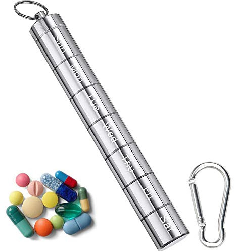 La Llareta Wasserdichte Kapsel Pillendose, Metall Tablettendose, Pillendose Schlüsselanhänger, Abnehmbar Pillenbox, mit 7 Teilbaren Fächer, für Unterwegs, Outdoor, Reisen, Wandern, Camping (Silber)