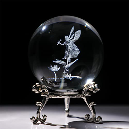 HDCRYSTALGIFTS 5,8 cm 3D-Laser-Kristallfee mit Libelle und Lotus-Figuren, Kristallkugel, Briefbeschwerer mit Standfuß, 3D-Gravur, Glas, volle Kugel, Hochzeitsgeschenk, Heimdekoration