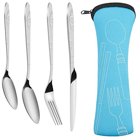 4-Teiliges Besteck-Set Tragbare Bestecktaschen Campingbesteck aus Edelstahl mit Etui Besteckset mit 2 Löffel, Messer, Gabel Outdoor Reisebesteck Set für 1 Person, Reisen Camping Schule Lunch (Blau)