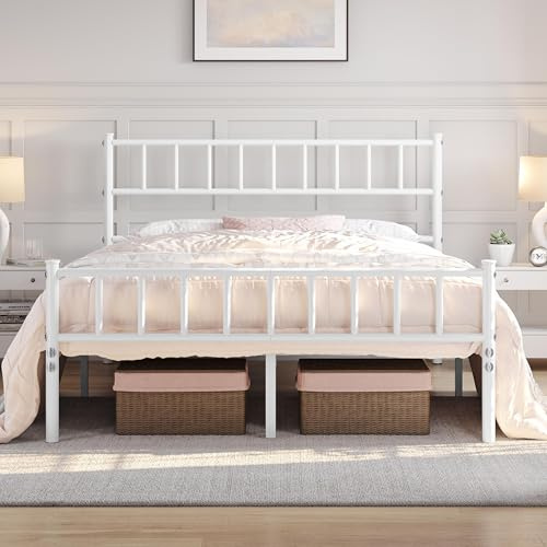 Yaheetech Struttura Letto Matrimoniale in Ferro Battuto a Doghe in Metallo 160 x 200 cm Testiera Semplice Bianco