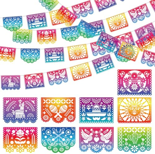 Qpout 5 Paquetes Banderas Mexicanas De Fiesta Plástico Iridiscente Papel Picado Banner Cinco de Mayo Decoración Fiesta Guirnalda Para Día De Los Muertos Decoración,Fiesta Cumpleaños Baby