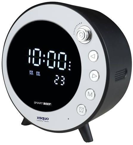 XSQUO Useful Tech Radio Sveglia con batteria e Bluetooth. Orologio sveglia doppio con radio FM. Lettore musicale Supporta schede Micro SD da 32 GB. Batteria integrata agli ioni di litio