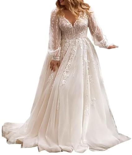 SEVENYXX Abito da Sposa di Grandi Dimensioni con Maniche Donne Pizzo Abiti da Sposa Abiti da Sposa Ufficio Registro, Avorio, 52