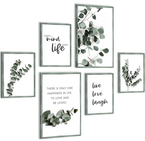 Novart Wandbilder Set Eukalyptus Pflanze Grüne Blätter - KEIN EXTRA RAHMEN BENÖTIGT - Modern Deko - Wohnzimmer Schlafzimmer N003767b