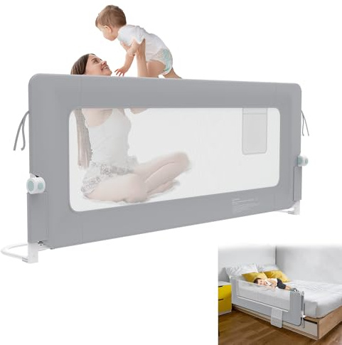YRHome Barrera de cama de 180 cm, plegable, giratoria 180 grados, rejilla de protección de cama para niños pequeños, red aireada, altura ajustable, protección contra caídas para cuna, cama de padres