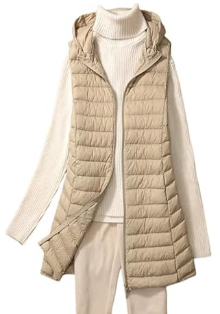 Smanicato Donna Gilet Trapuntato Lungo Da Donna, Gilet Invernale Leggero e Caldo, Gilet Trapuntato, Gilet Caldo In Piuma, Giacca Di Transizione, Più Caldo, Più Lungo, per Esterni, Color Cachi, Tag