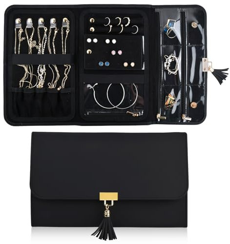 Catime Pochette Bijoux Voyage, Sac de Rangement Cuir Imperméable, 28x17,6cm, Organisateur en Rouleau Portable Pliable, pour Femmes Boucles d'oreilles Collier Bagues (Noir)