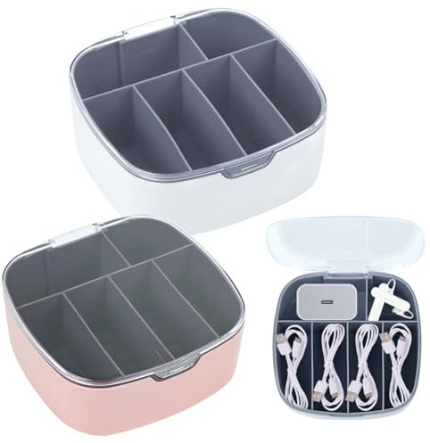 Boite Rangement Cable,Boite Rangement Cable Electrique,Boite Cable avec 6 Compartiments,Rangement Cable pour CâBle de Charge, Tête de Charge, Câble D'écouteur, Bague, Collier, (Rose et Blanc)