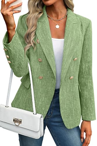 ELLEVEN Women's Tweed Blazers Business Casual - Long Sleeve Double Breasted Jackets Open Front Work Suits, Grass Green, M