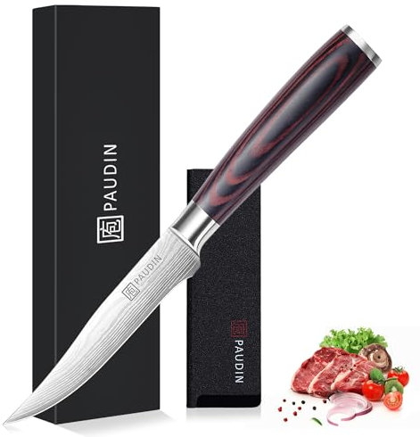 PAUDIN Küchenmesser Allzweckmesser 13 CM, Professionelles Kochmesser für Obst und Gemüse, Multifunktionales Steakmesser mit Scharfes Klinge und Ergonomischer Holzgriff