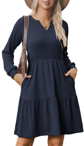 Zeagoo Robe Femme Élégante Col en V Maille Côtelée Manches Longues Coupe Trapèze Longueur Genou avec Poches Bleu Marine M