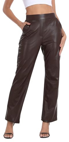HDE Women's Pull On Faux Leather Kick Flare Pants High Waisted Pant with Pockets Dark Brown - L