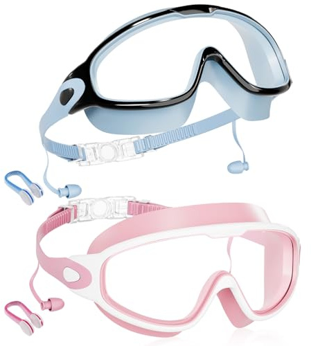 Aegend New Kids 2 Pack Wide View Swim Goggles, Anti-Fog/UV No Leak Goggles with Ear Plugs Kids 3-14