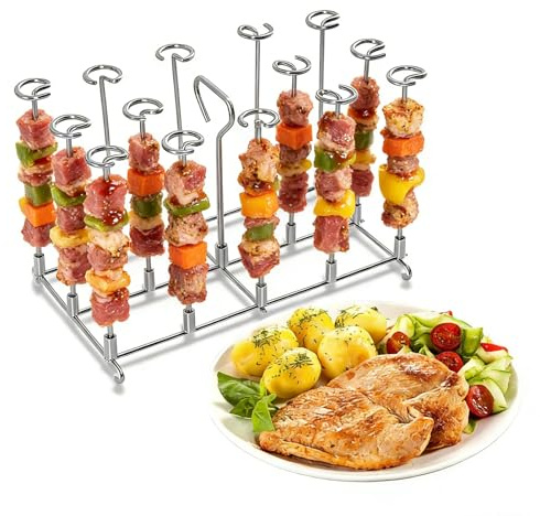 VolksRose 14-Skewer Air Fry Rack - Square Grill Rack for Airfryer mit Stainless Steel Metal Skewers for Kabobs Jerky, Low-Oil Cook, Universal Air Fryer Accessories & Stackable Cooling Rack