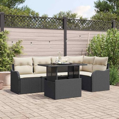 QJBSAVVA Set di 6 mobili da giardino, colore nero, 100 x 55 x 73 cm, in rattan sintetico, con tavolo in vetro, salvaspazio, modulare, per balcone, giardino, terrazza, piccolo gruppo di sedute