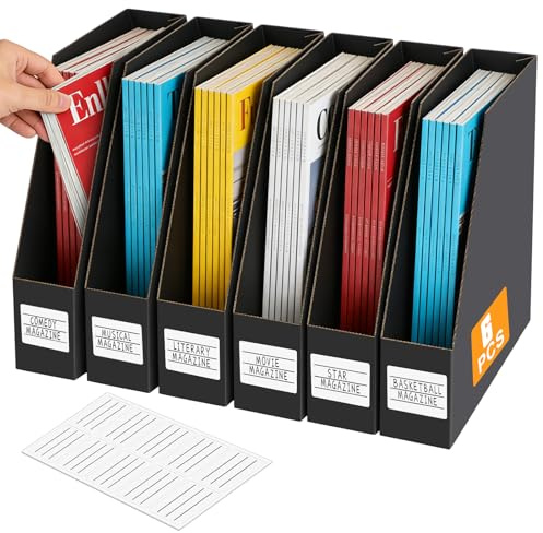 QUOTRE 6-Pack A4 Magazine File Holders with Labels, 5-Layer Cardboard Desk Organizer for Documents, Books, Magazines, Office/Home School Storage, Black