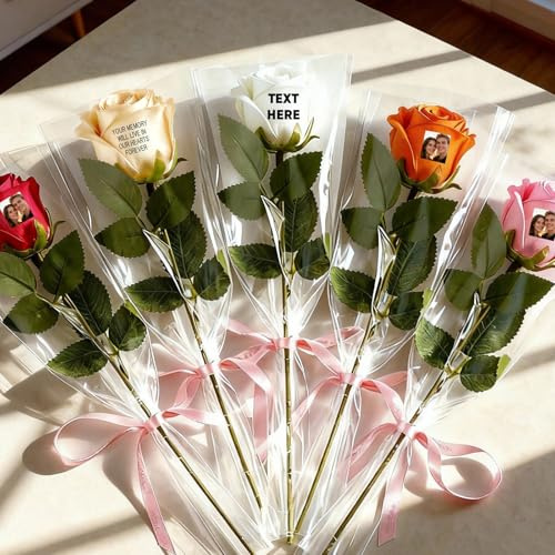 Soview Rose Éternelle Personnalisée avec Photo & Texte, Fleur Eternelle Rose Artificielle avec Tige pour Femme Maman Amie, Décoration de la Maison & Cadeau pour Noël Aniversaire Saint Valentin