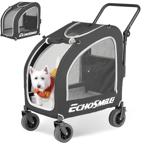 EchoSmile Poussette pour chiens de petite et moyenne taille jusqu'à 20 kg, pliable tout terrain, avec double freins, ceintures de sécurité dans la voiture et fenêtre en filet, noire