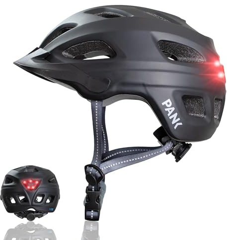 PANK Casco Bici Uomo - Certificato CE, Con Luce di LED - Casco Mtb Uomo, 325g Leggero, Adatto per Monopattino Elettrico Adulti Mountain Bike, nero 54-61 cm